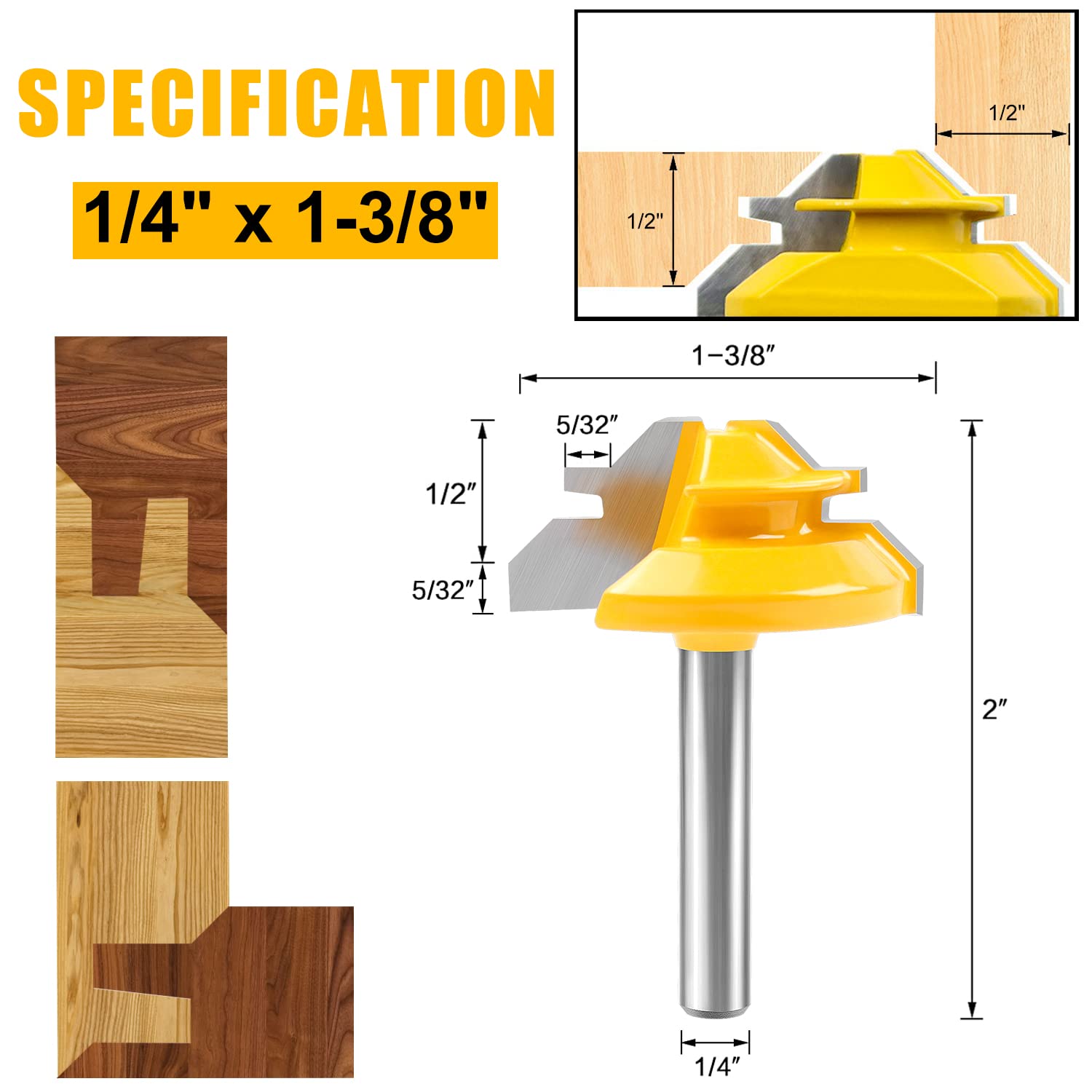 Newdeli 45 Degree Lock Miter Router Bit 3-Piece Set, for 1/2”, 5/8”, 3/4” Cutting Height, 1/4 Inch Shank. Easy to Create Lock Miter Joint