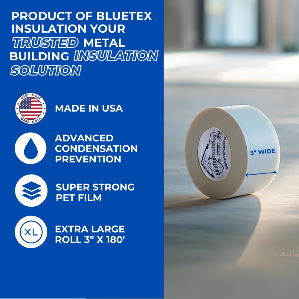 BlueTex Insulationㅤ 3" Wide x 180' Long White Vapor Barrier Seam Tape - 1 Roll, Waterproofing & Great for Crawlspaces, Insulation Repairs, Underlayment Seams, Metal Building Insulation Seams