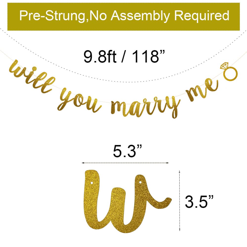 Will You Marry Me Banner, Pre-strung,No Assembly Required,Bachelorette/Engagement/Bridal Showers/Wedding Party Decorations Supplies, Gold Glitter Paper Garlands Backdrops, Letters Gold Betteryanzi