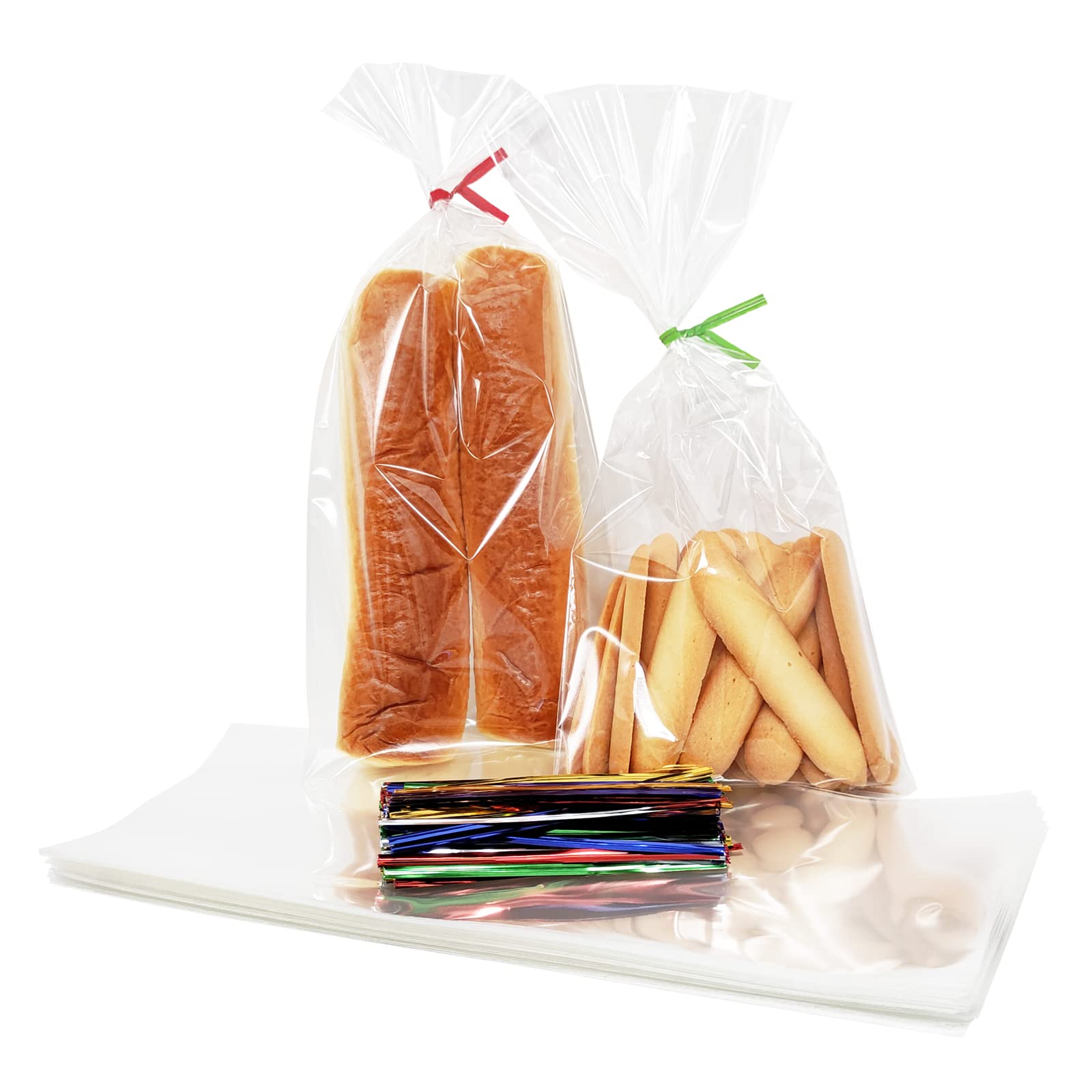 100PCS Cellophane Bags 5x11 inches, Clear Treat Bags with 4’’ Twist Ties, Plastic Cello Bags - 1.4 mils Thick OPP Rice Crispy Bags for Gift Goodie Favor Candy Cake Pop Birthday Party Cookies (5’’ x 11’’)