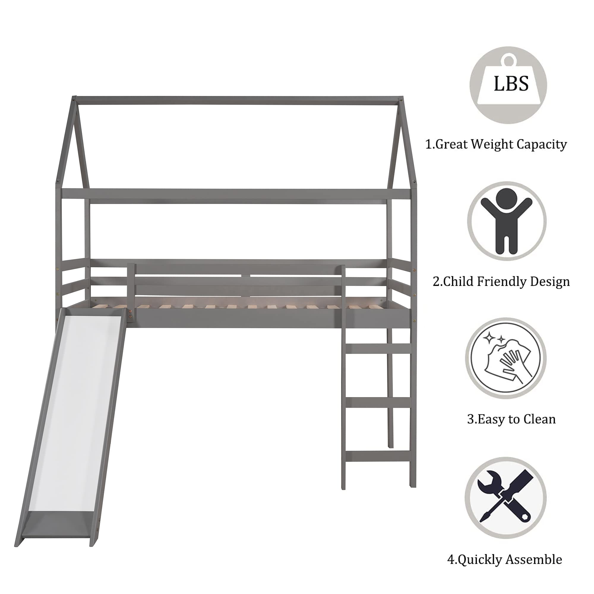 Harper & Bright Designs Twin Size Loft Bed with Slide, Kids House Loft Bed Frame with Ladder, Wood Twin Bed with Safety Rail for Kids Boys Girls, No Box Spring Needed, Grey