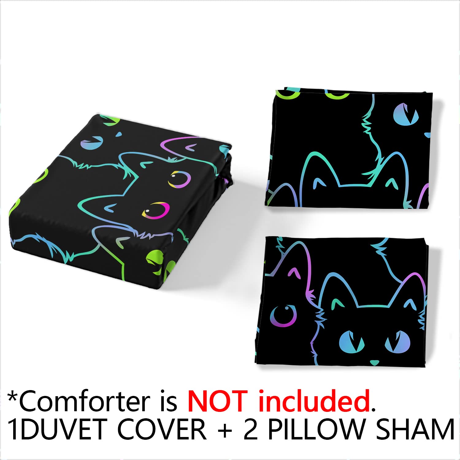 Cartoon Cat Comforter Cover Set King Size,Gradient Line Cat Bedding Set,Cute Cat Duvet Cover Set with Zipper for Teens Kids Boys Girls Adults Room Decor,1 Quilt Cover 2 Pillow Cases No Comforter,Black