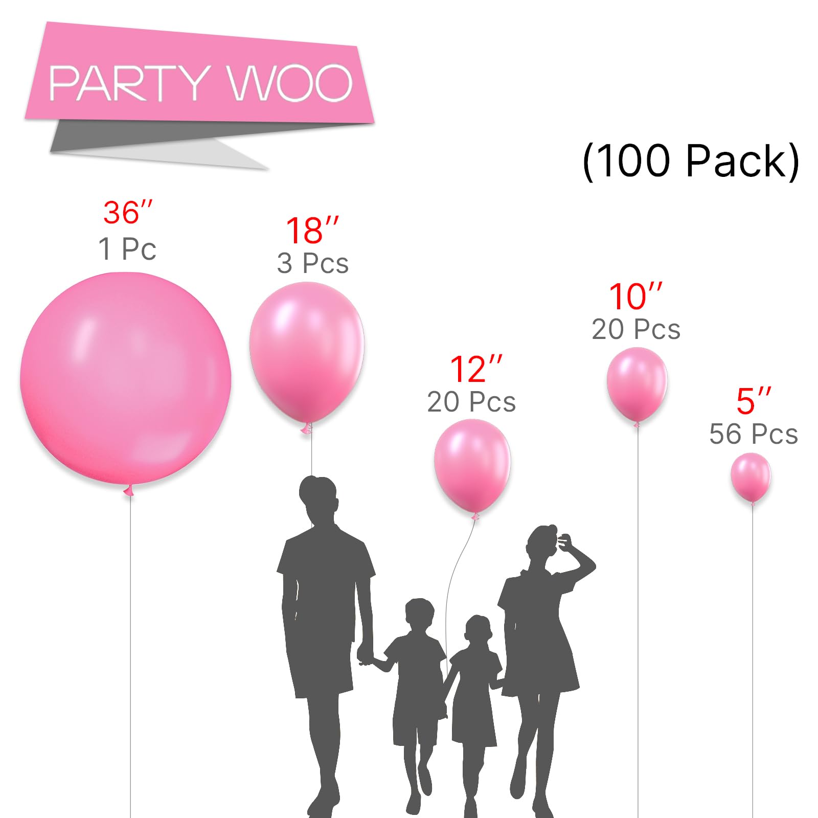 PartyWoo Magenta Pink Balloons, 100 pcs Hot Pink Balloons Different Sizes Pack of 36 Inch 18 Inch 12 Inch 10 Inch 5 Inch Persian Pink Balloons for Balloon Garland Arch as Party Decorations, Pink-Y11