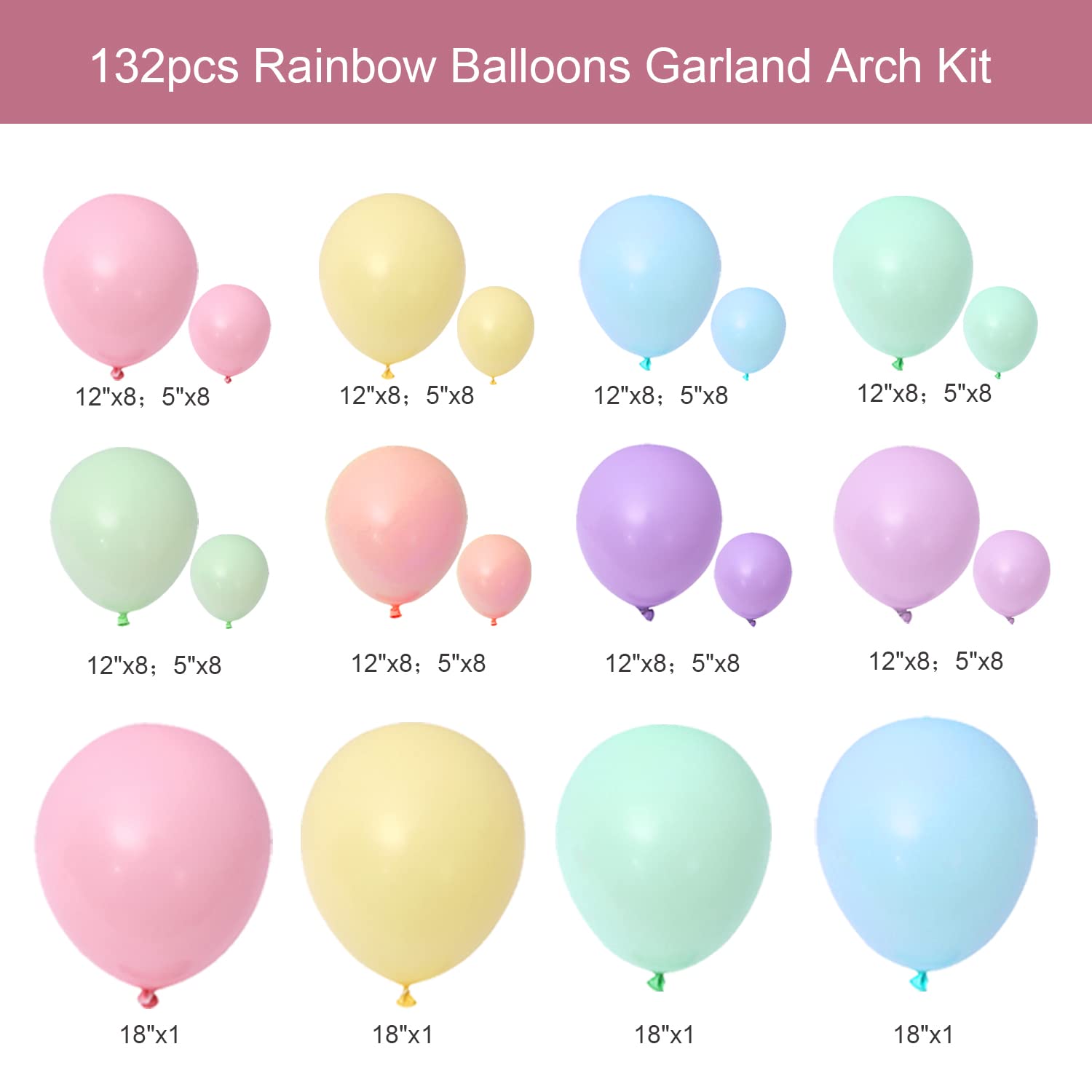 Pastel Balloons Garland Arch Kit - 132pcs Rainbow Macaron Balloons Arch Kit in 5" 12" 18" Ice Cream Party Balloons for Kids Birthday Wedding Bride Shower Baby Shower Party Decorations