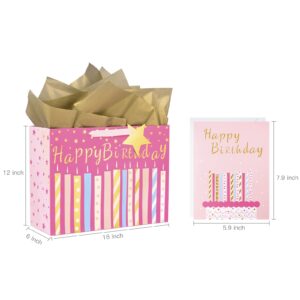 MAYPLUSS 16" Birthday Large Gift Bag with Greeting Card and Tissue Paper for Birhtday - Pink Gold Foil Candle Design