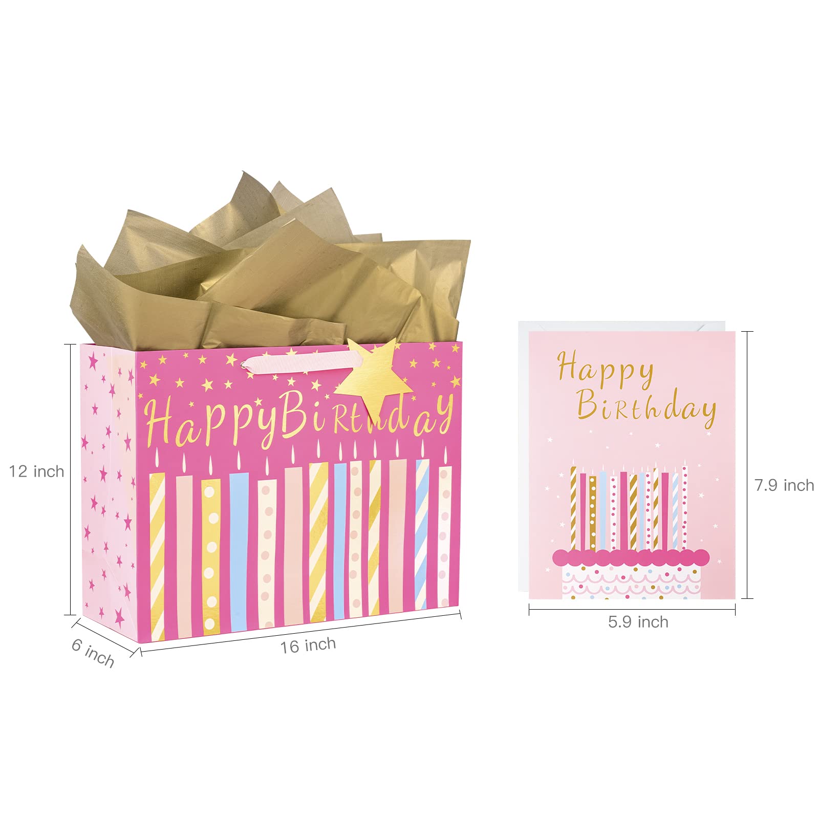 MAYPLUSS 16" Birthday Large Gift Bag with Greeting Card and Tissue Paper for Birhtday - Pink Gold Foil Candle Design