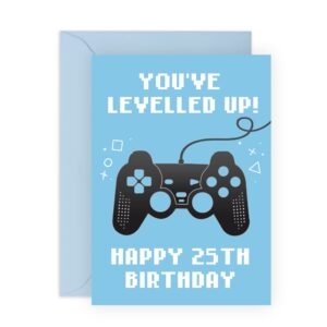 central 23 gaming birthday card for him - 'you've levelled up!' - happy 25th birthday - age 25 - blue greeting card for gamers - fun card for adults, friends - son, brother, men