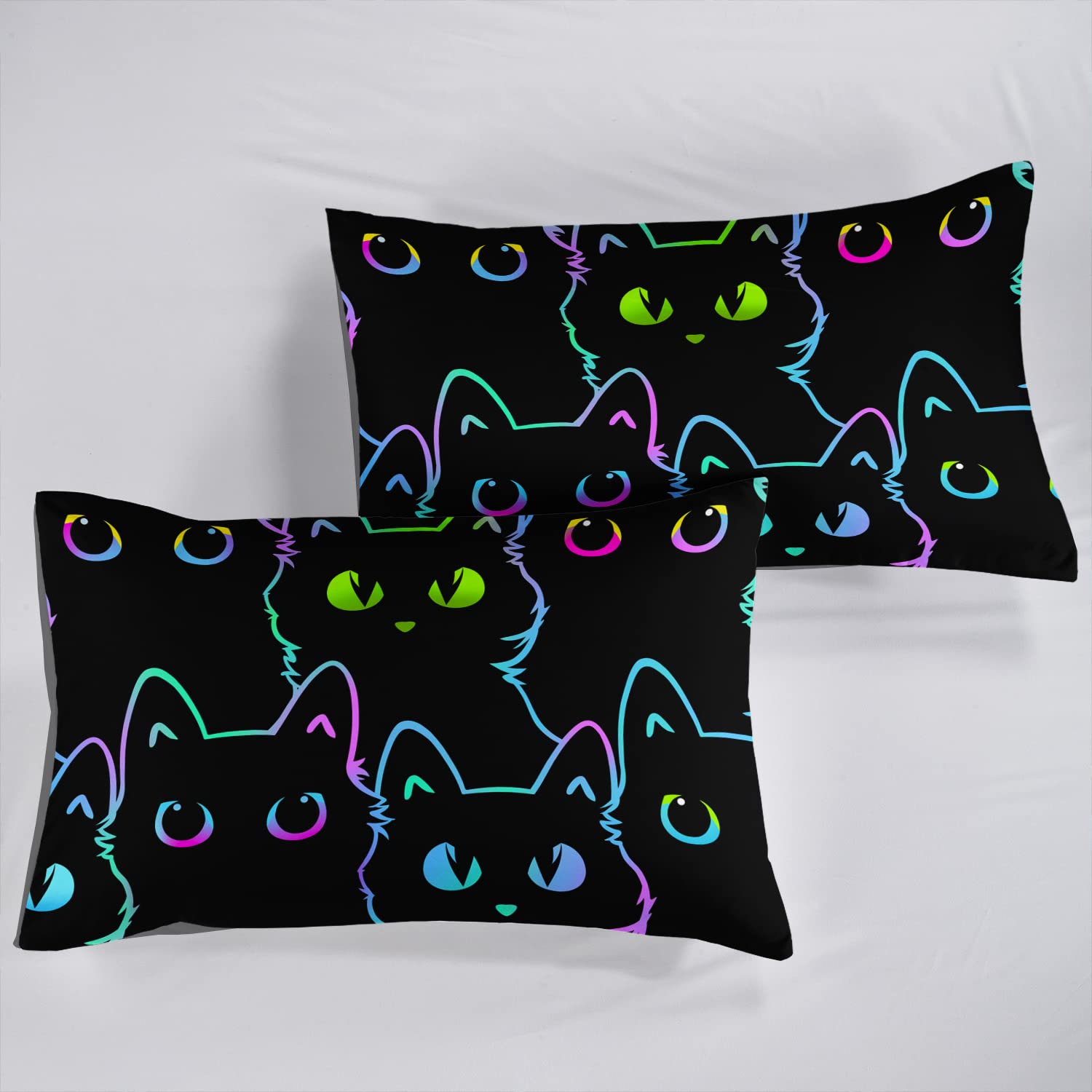 Cartoon Cat Comforter Cover Set King Size,Gradient Line Cat Bedding Set,Cute Cat Duvet Cover Set with Zipper for Teens Kids Boys Girls Adults Room Decor,1 Quilt Cover 2 Pillow Cases No Comforter,Black