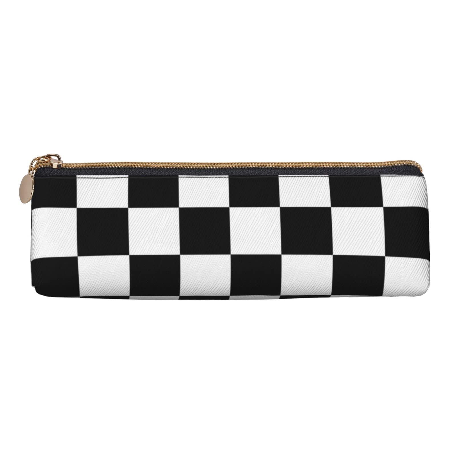 Ykklima Black White Race Checkered Flag Pattern Leather Pencil Case Zipper Pen Makeup Cosmetic Holder Pouch Stationery Bag for School, Work, Office