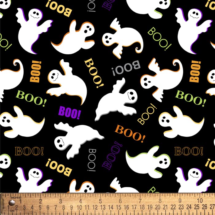 DAVID TEXTILES Halloween Ghosts Boo! Cotton Fabric by The Yard, Black (DX-0738-1C-1)