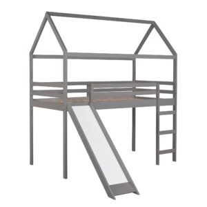 Harper & Bright Designs Twin Size Loft Bed with Slide, Kids House Loft Bed Frame with Ladder, Wood Twin Bed with Safety Rail for Kids Boys Girls, No Box Spring Needed, Grey