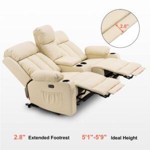 MCombo Electric Power Loveseat Recliner, Faux Leather Power Reclining Sofa with Heat and Massage, USB Ports, Cup Holders for Living Room 6095 (Cream White, Loveseat Recliner with Console)