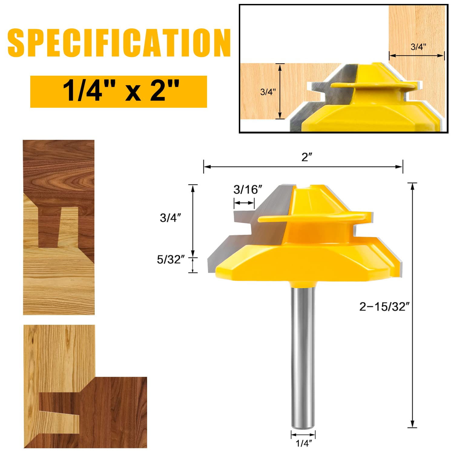 Newdeli 45 Degree Lock Miter Router Bit 3-Piece Set, for 1/2”, 5/8”, 3/4” Cutting Height, 1/4 Inch Shank. Easy to Create Lock Miter Joint