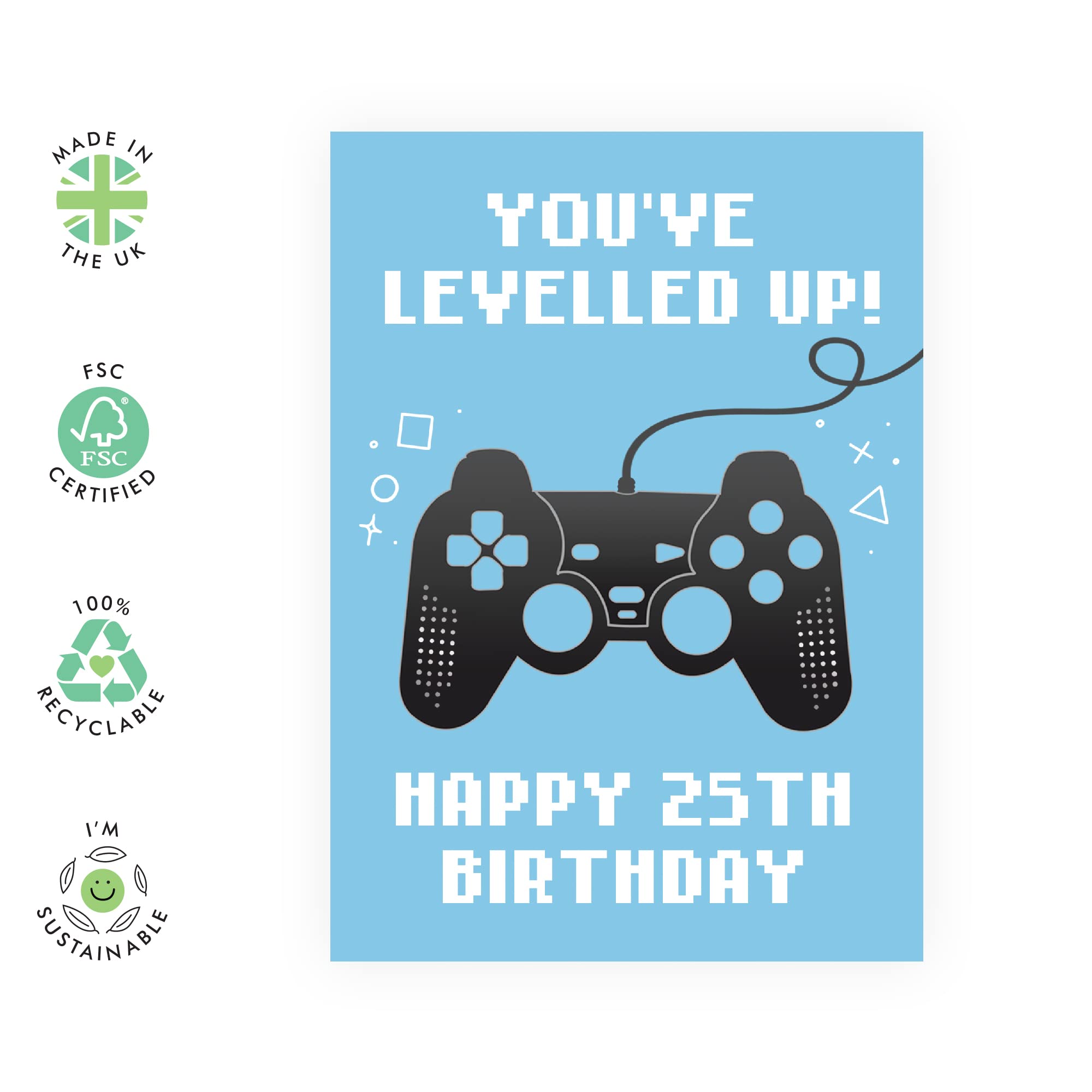 CENTRAL 23 Gaming Birthday Card for Him - 'You've Levelled Up!' - Happy 25th Birthday - Age 25 - Blue Greeting Card for Gamers - Fun Card For Adults, Friends - Son, Brother, Men