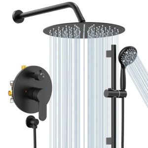 sr sun rise 12 inch slide bar shower system, round shower faucets sets complete rain shower head and 6-spray handheld combo, wall mounted dual shower faucet included valve and trim kit, matte black