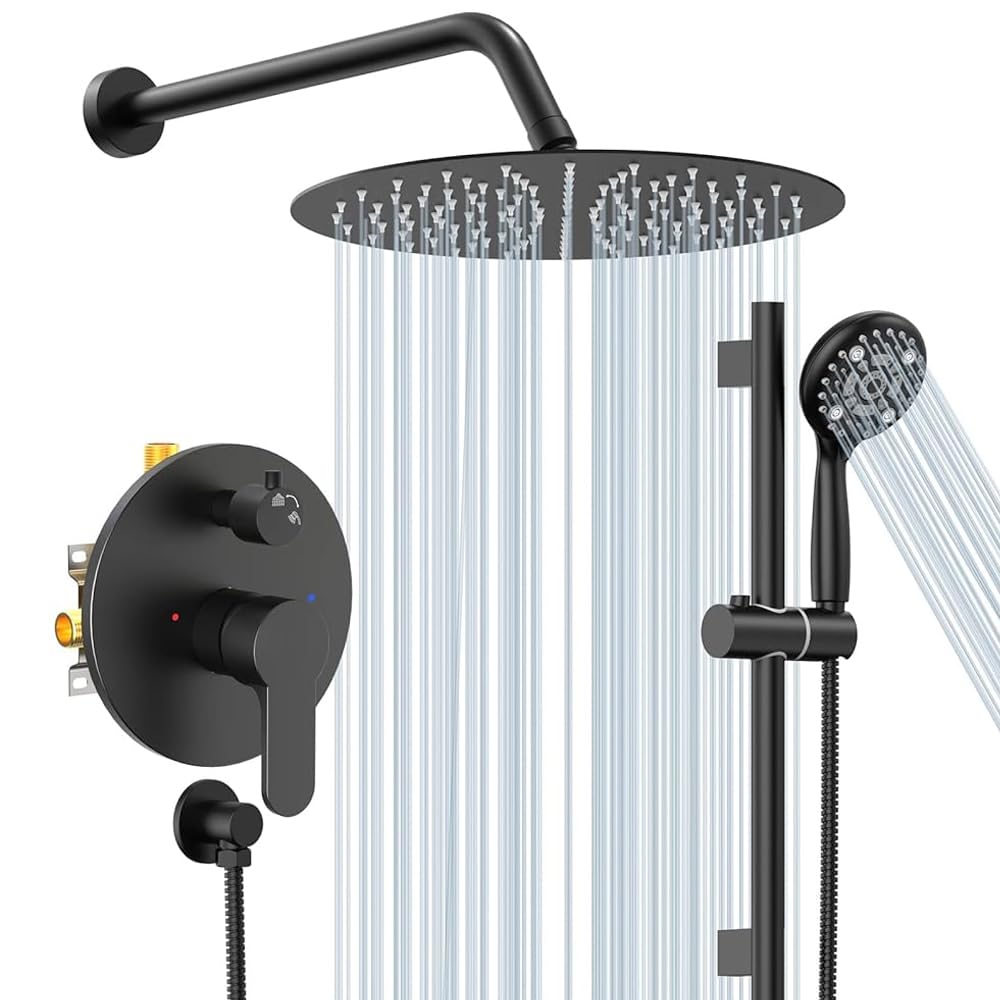 SR SUN RISE 12 Inch Slide Bar Shower System, Round Shower Faucets Sets Complete Rain Shower head and 6-Spray Handheld Combo, Wall Mounted Dual Shower Faucet Included Valve and Trim Kit, Matte Black