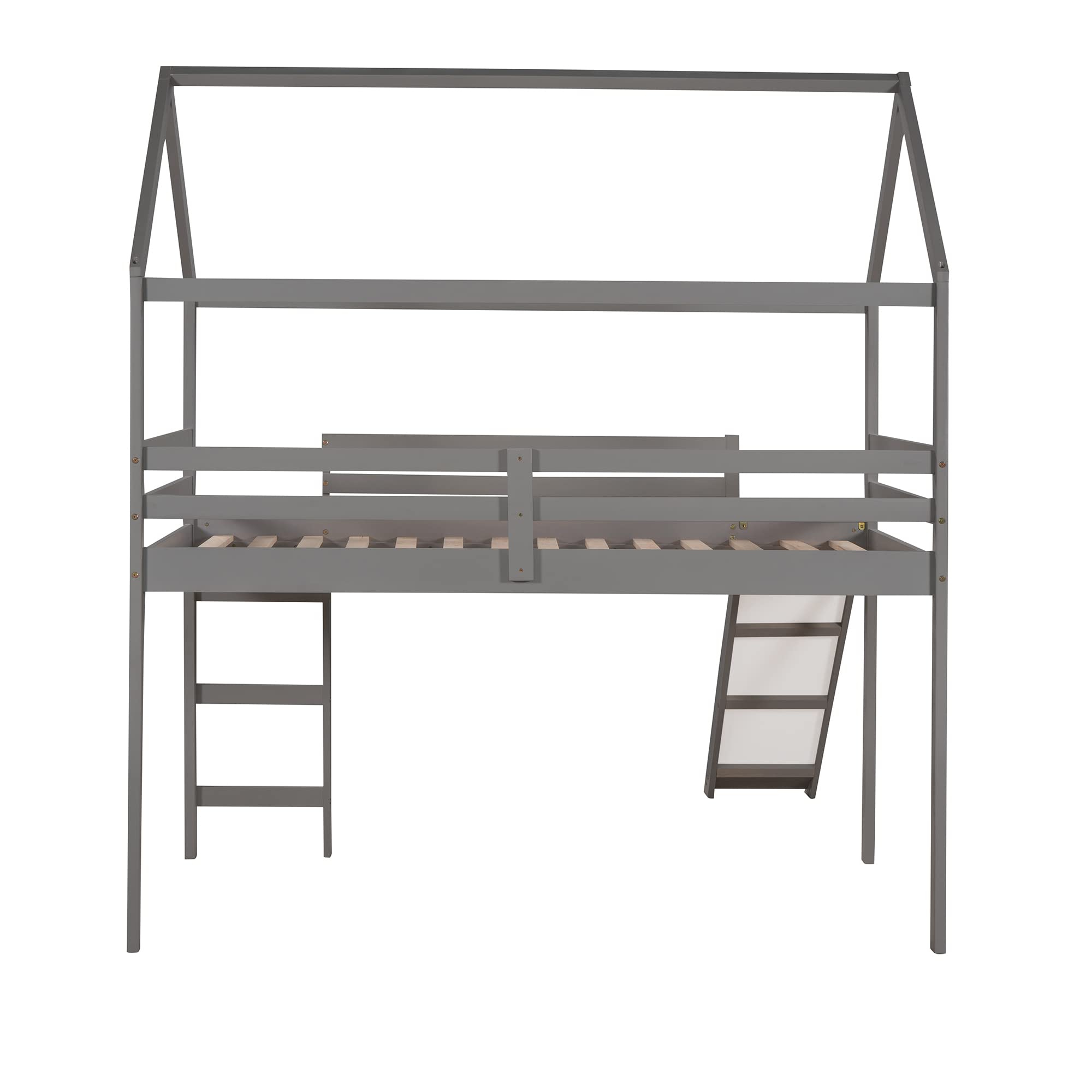 Harper & Bright Designs Twin Size Loft Bed with Slide, Kids House Loft Bed Frame with Ladder, Wood Twin Bed with Safety Rail for Kids Boys Girls, No Box Spring Needed, Grey