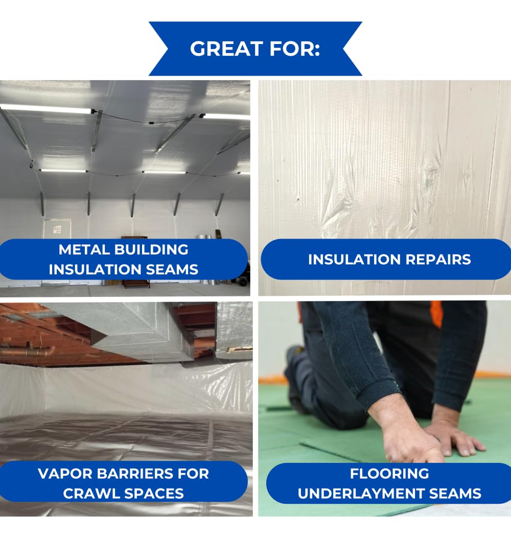 BlueTex Insulationㅤ 3" Wide x 180' Long White Vapor Barrier Seam Tape - 1 Roll, Waterproofing & Great for Crawlspaces, Insulation Repairs, Underlayment Seams, Metal Building Insulation Seams