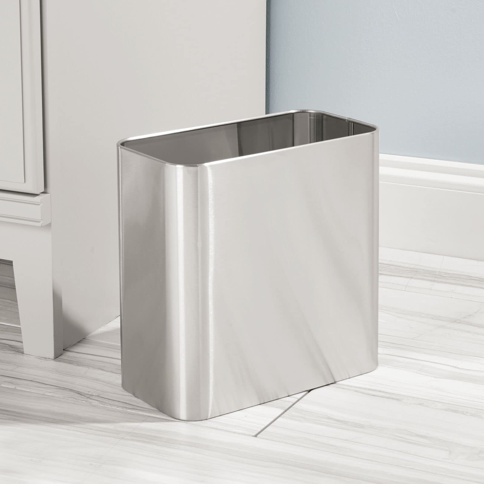 mDesign Small Metal 2.4 Gallon/9 Liter Trash Can Wastebasket Garbage Bin for Bathroom, Slim Rubbish Waste Bin Trashcans for Master/Guest Bath, Mirri Collection, 2 Pack, Brushed Chrome