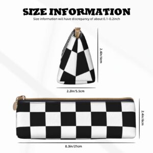 Ykklima Black White Race Checkered Flag Pattern Leather Pencil Case Zipper Pen Makeup Cosmetic Holder Pouch Stationery Bag for School, Work, Office