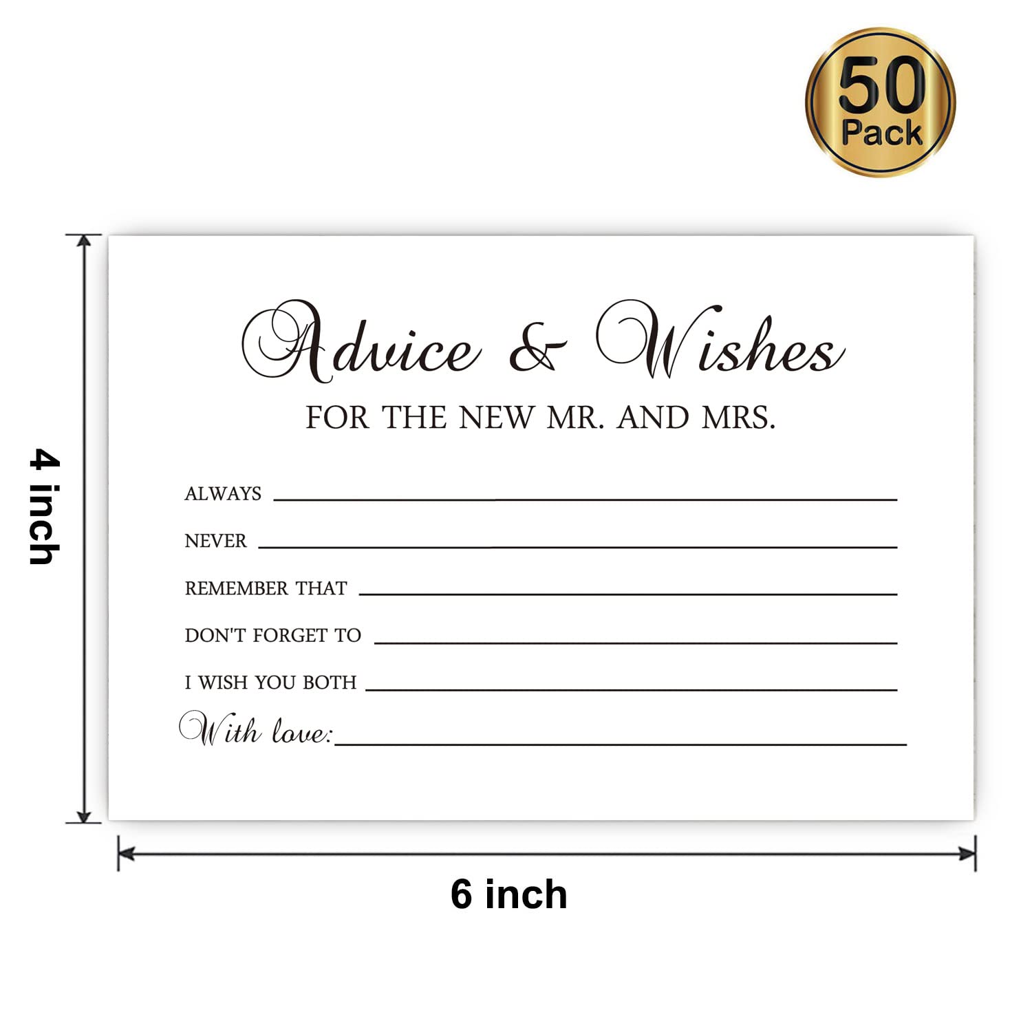 FARHTINANFX 50 Advice and Wishes for The New Mr and Mrs, Bride and Groom Weddings, Bridal Showers, Marriage Advice Cards(4" x 6")