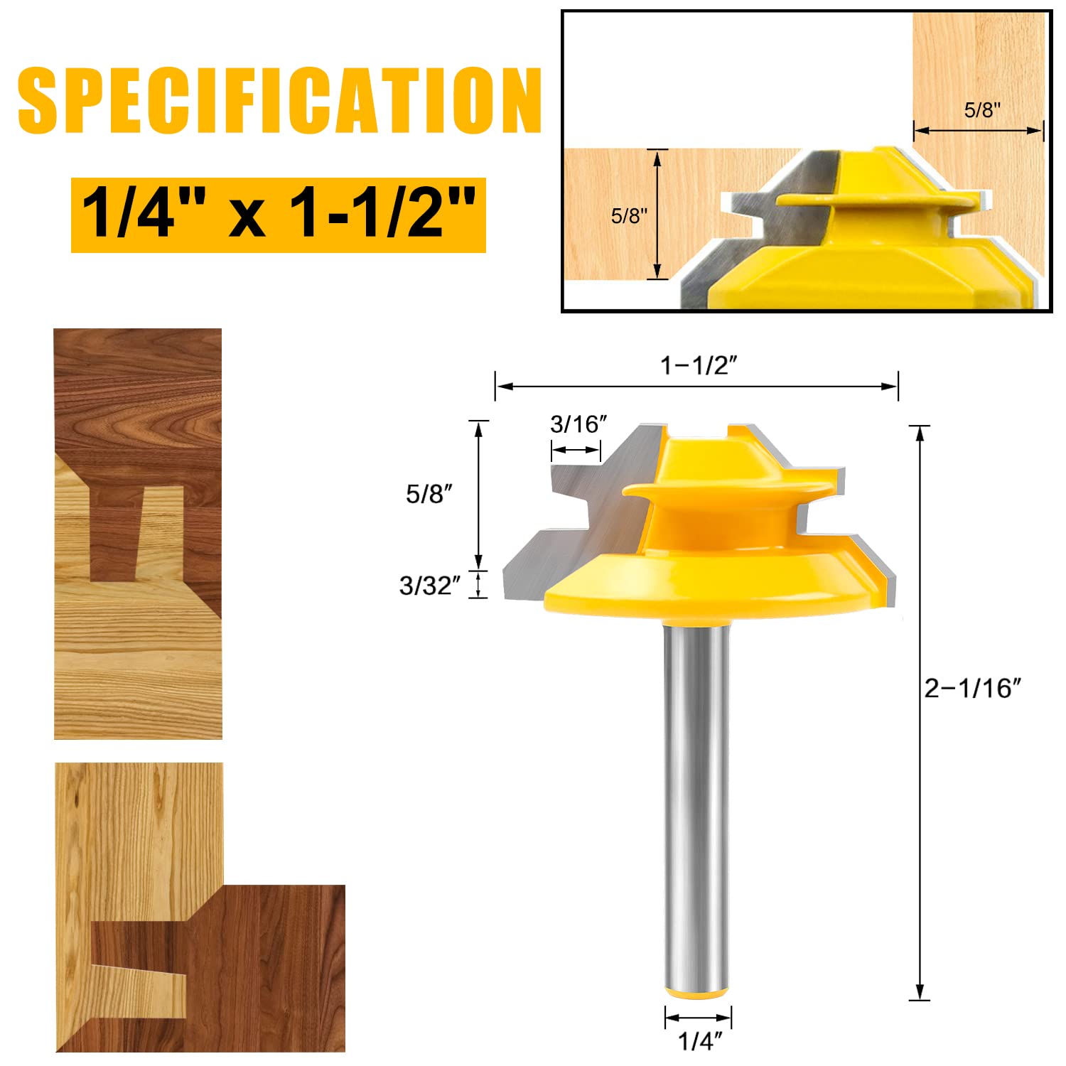 Newdeli 45 Degree Lock Miter Router Bit 3-Piece Set, for 1/2”, 5/8”, 3/4” Cutting Height, 1/4 Inch Shank. Easy to Create Lock Miter Joint