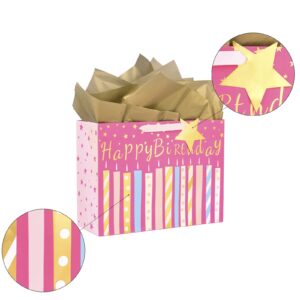 MAYPLUSS 16" Birthday Large Gift Bag with Greeting Card and Tissue Paper for Birhtday - Pink Gold Foil Candle Design