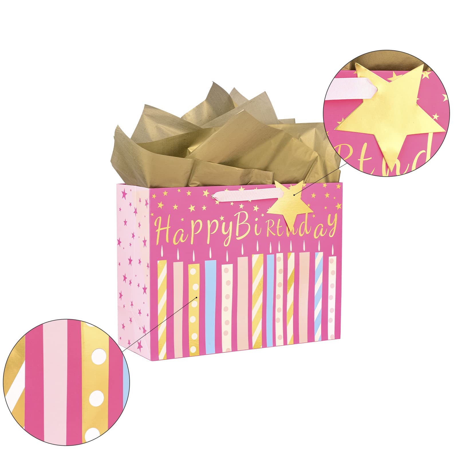 MAYPLUSS 16" Birthday Large Gift Bag with Greeting Card and Tissue Paper for Birhtday - Pink Gold Foil Candle Design