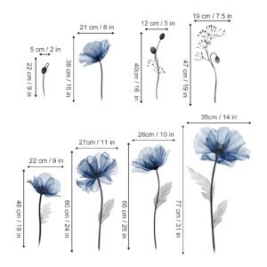 decalmile Large Blue Flower Wall Decals Floral Plants Wall Stickers Bedroom Living Room Kitchen Wall Decor Gifts for Mom