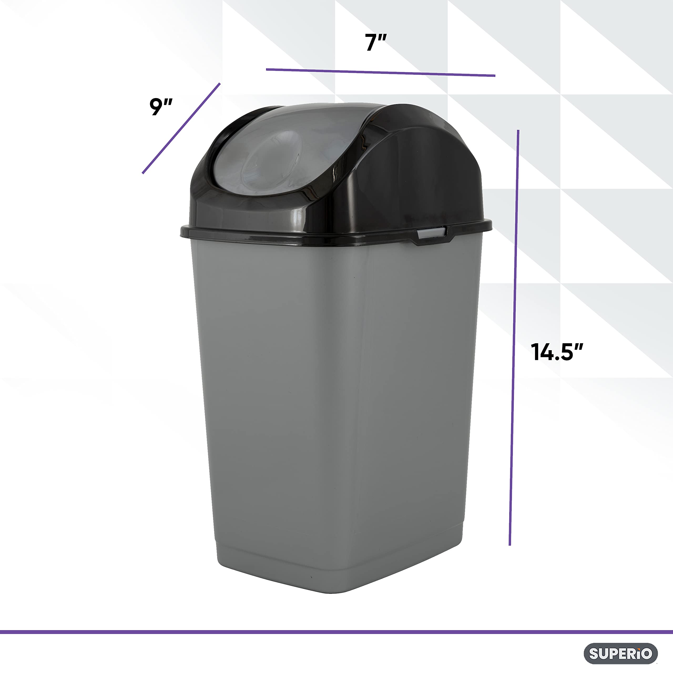 Superio Swing Top Trash Can,Set of 3 Waste Bins for Home, Kitchen, Office, Bedroom, Bathroom, Ideal for Large or Small Spaces - White (Grey-10 qt+2 5 qt)