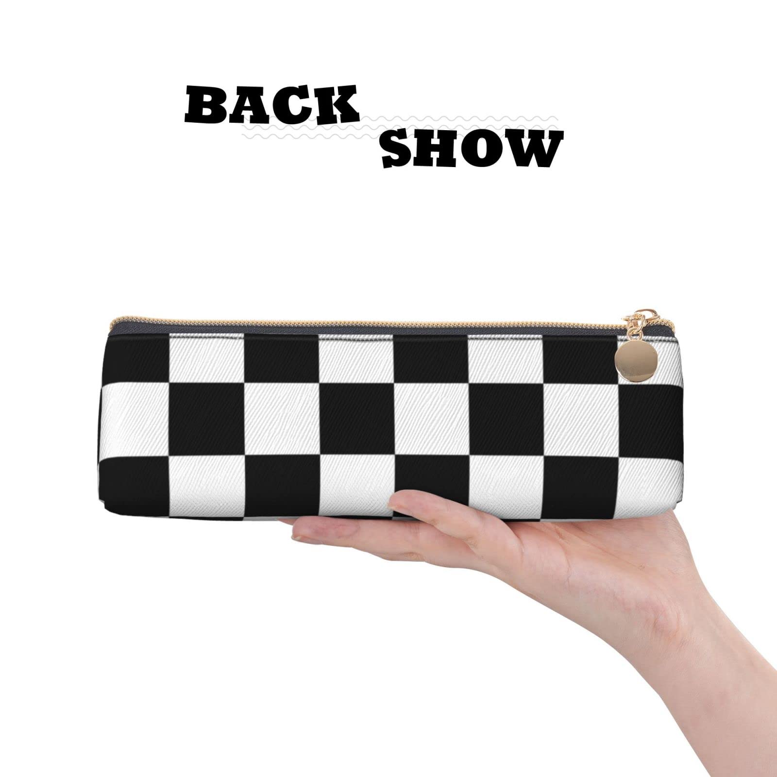 Ykklima Black White Race Checkered Flag Pattern Leather Pencil Case Zipper Pen Makeup Cosmetic Holder Pouch Stationery Bag for School, Work, Office