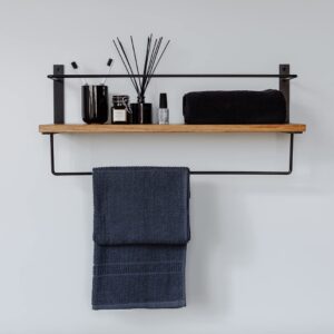 Wood Floating Shelves with Metal Towel Bar, Oak Kitchen Wall Storage Towel Rack, Bathroom Towel Holder, Wall Mounted Steel Towel Rack ETHIMO Classic I