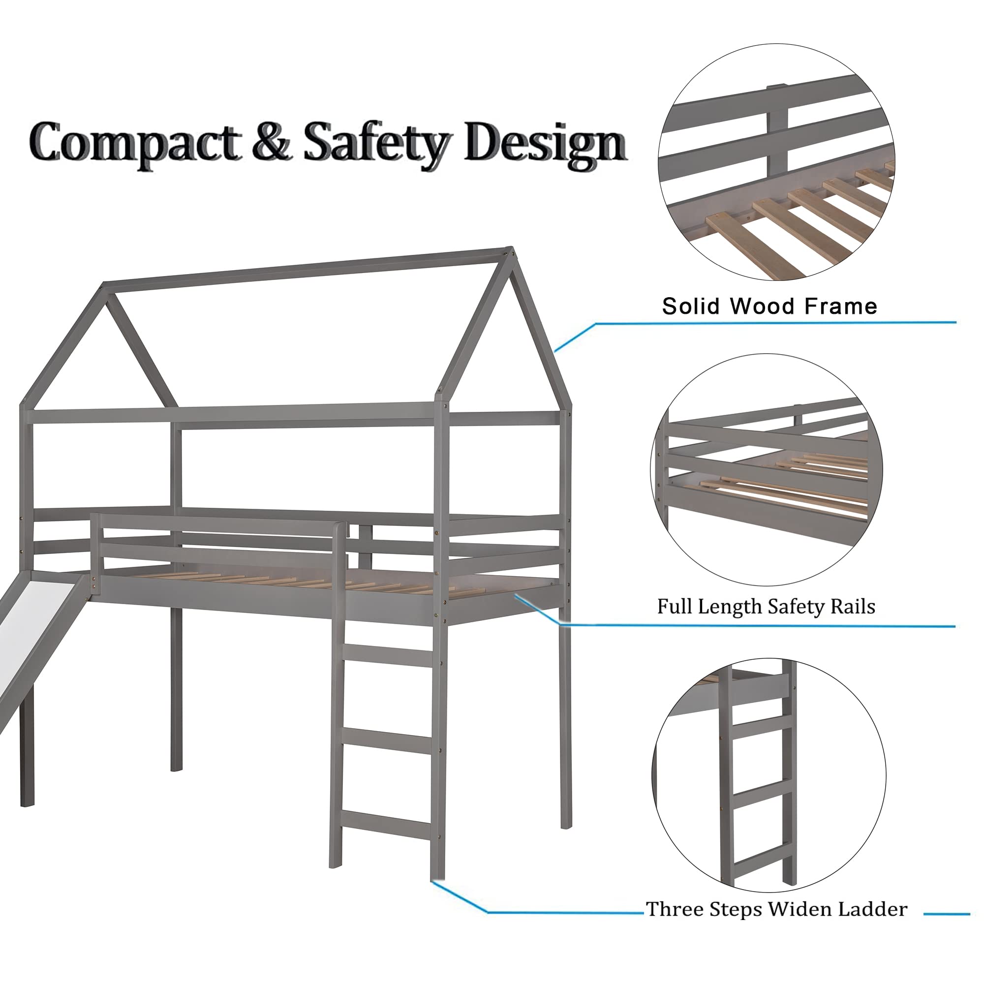 Harper & Bright Designs Twin Size Loft Bed with Slide, Kids House Loft Bed Frame with Ladder, Wood Twin Bed with Safety Rail for Kids Boys Girls, No Box Spring Needed, Grey