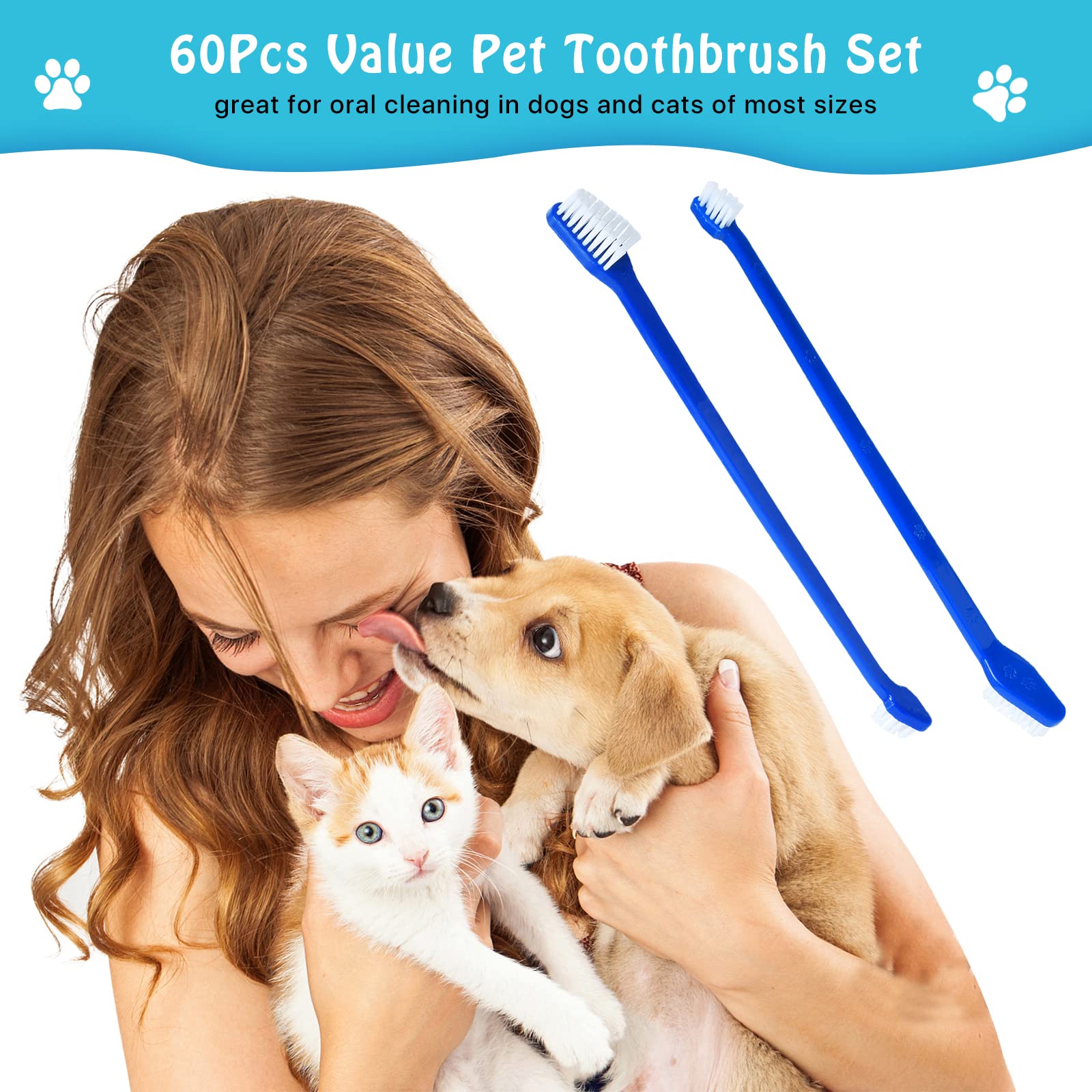 Elesunory 60 Pcs Dog Toothbrush Bulk, Dual Headed Dental Dog Toothbrush Set, Long Handle Toothbrush for Dogs Cat Puppy Teeth Cleaning Dental Oral Care (Blue)