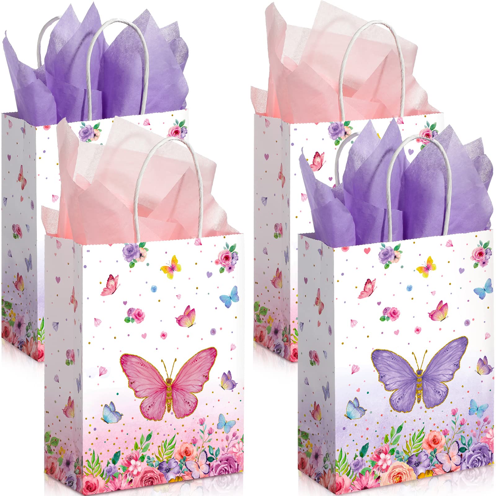 16 Pack Butterfly Goodie Bags, Butterfly Party Favor Bags with Handles and Sydney Paper Pink Purple Birthday Present Bags Butterfly Party Supplies for Kids Birthday Baby Shower Party Decorations