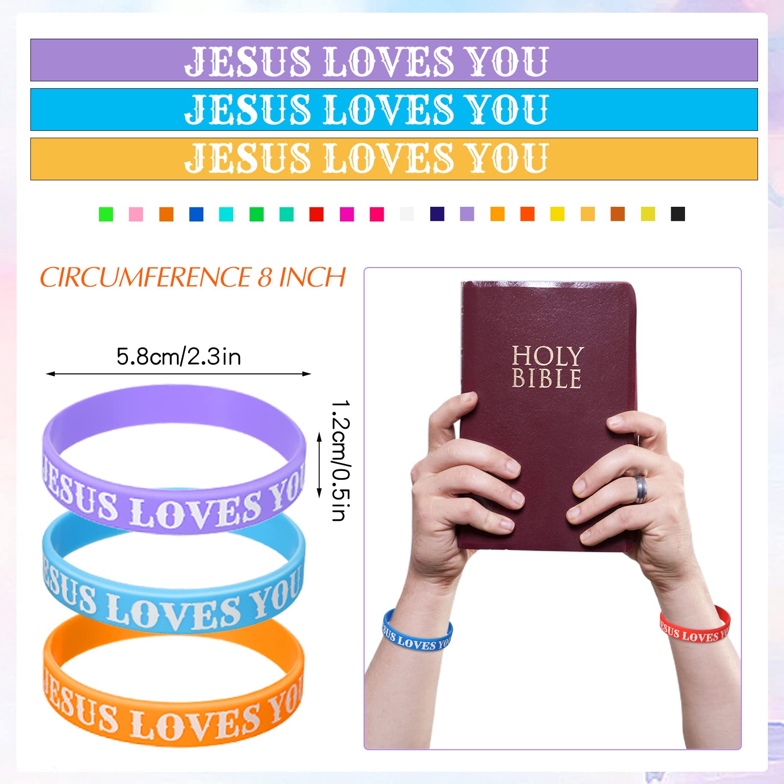 Jerify 200 Pcs Jesus Loves You Silicone Bracelet Christian Wristbands Bulk Bible Verse Rubber Bracelet Religious Colorful Bands for Party Favors Gifts Prizes(Printed)