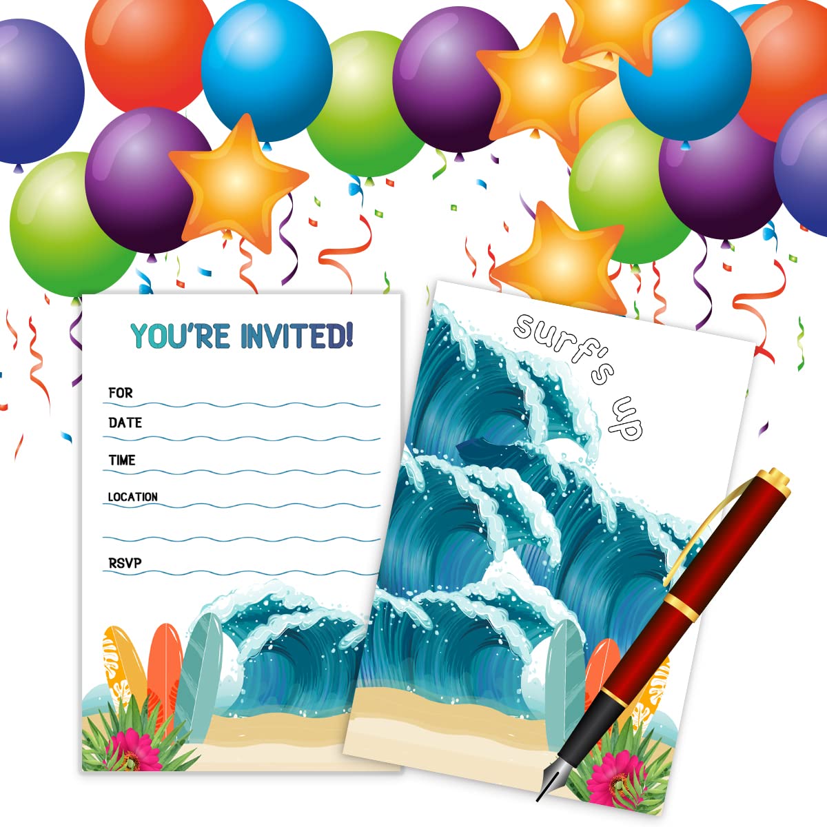 wuguimeii Summer Surf's Up Fun Birthday Party Invitations with Envelopes(20 pack)