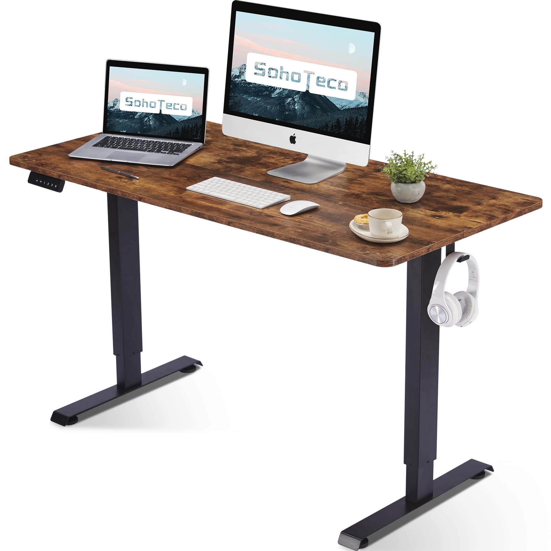 SohoTeco Height Adjustable Electric Stand Up Desk, 48x24 Computer Desk with Memory Presets for Home and Office, Black Frame & Brown Desktop