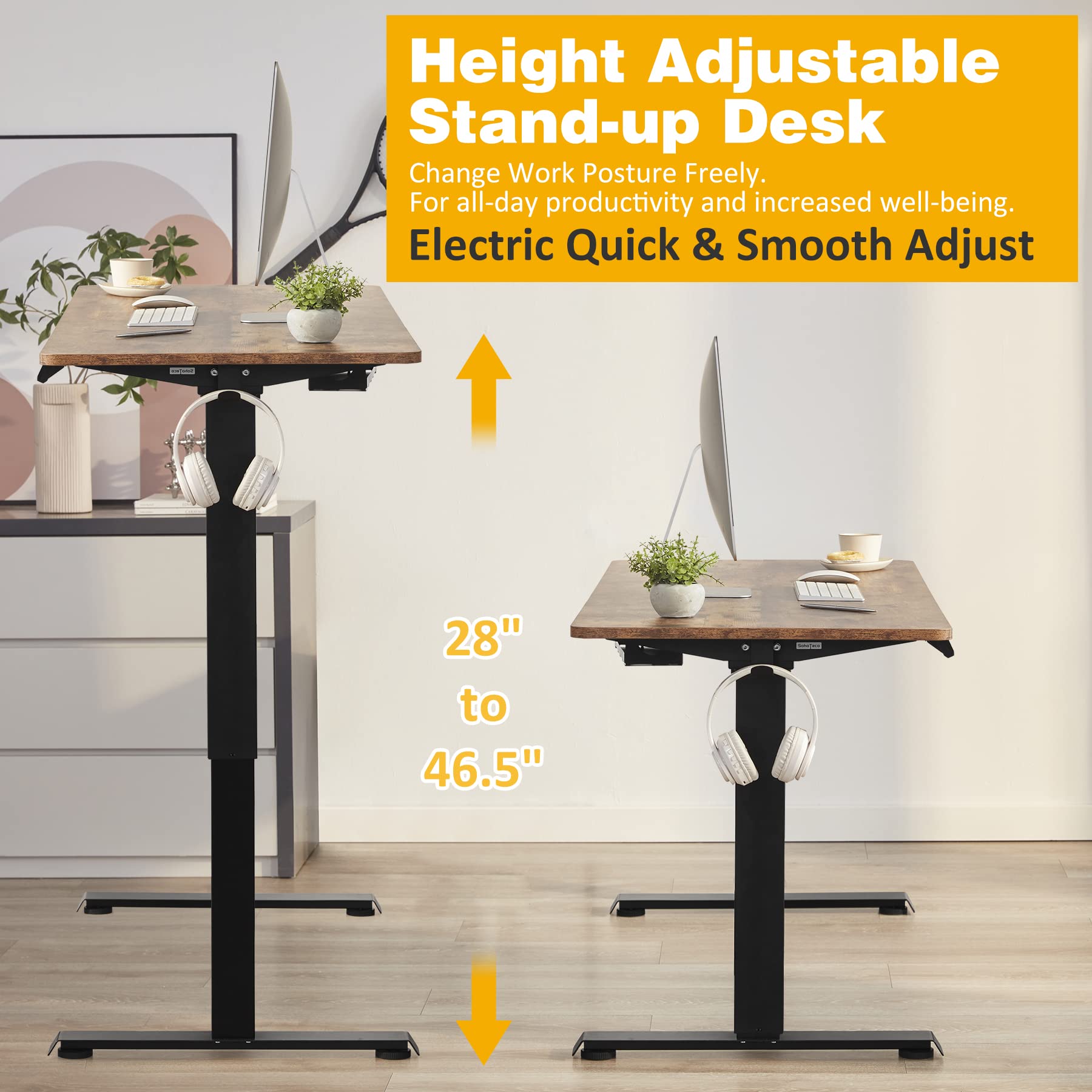 SohoTeco Height Adjustable Electric Stand Up Desk, 48x24 Computer Desk with Memory Presets for Home and Office, Black Frame & Brown Desktop