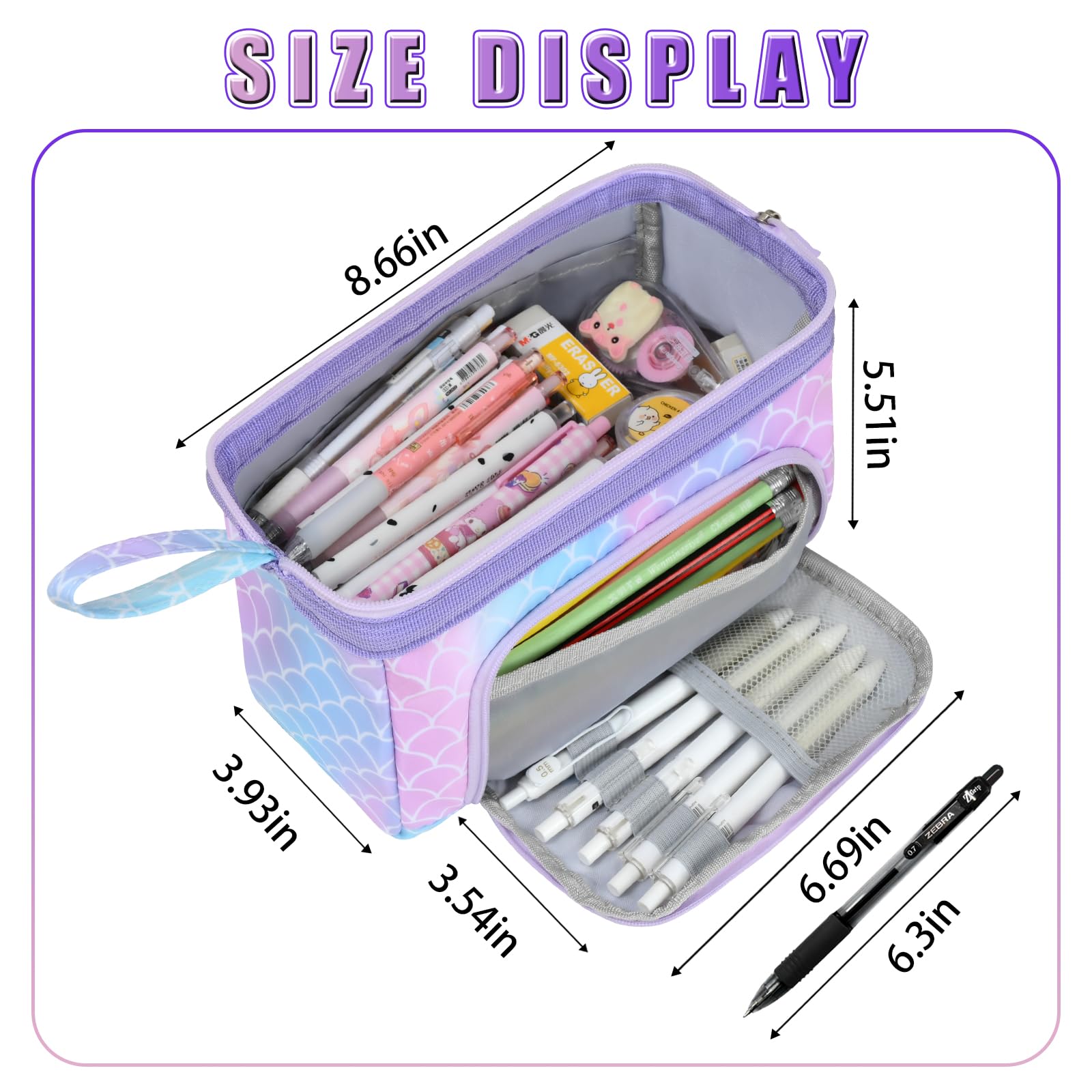 Unineovo Large Pencil Case for Girls Boys, Cute Purple Pencil Pouch Big Capacity Pencil Organizer Bag, Students School Supplies Back to School Kids Gifts Teen Girls Boys Zipper Pen Box