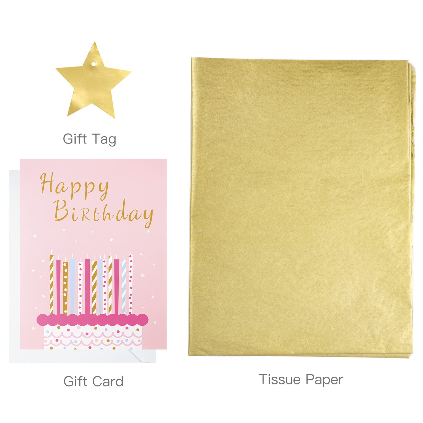 MAYPLUSS 16" Birthday Large Gift Bag with Greeting Card and Tissue Paper for Birhtday - Pink Gold Foil Candle Design