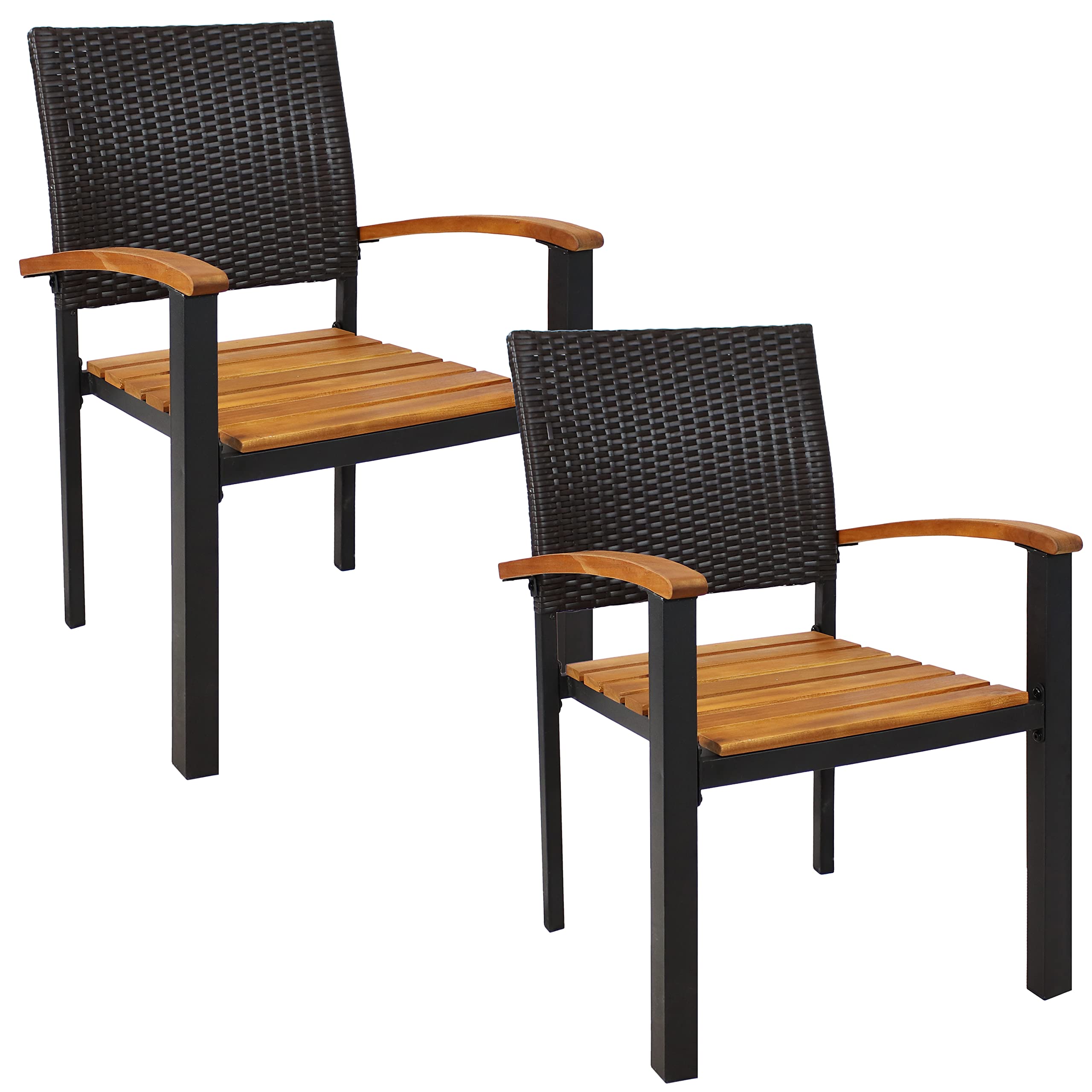 Sunnydaze Malachi Acacia Wood Patio Armchair - Set of 2 - Resin Rattan-Wrapped Steel Frame - 275-Pound Weight Capacity - Brown