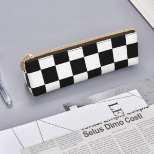 Ykklima Black White Race Checkered Flag Pattern Leather Pencil Case Zipper Pen Makeup Cosmetic Holder Pouch Stationery Bag for School, Work, Office