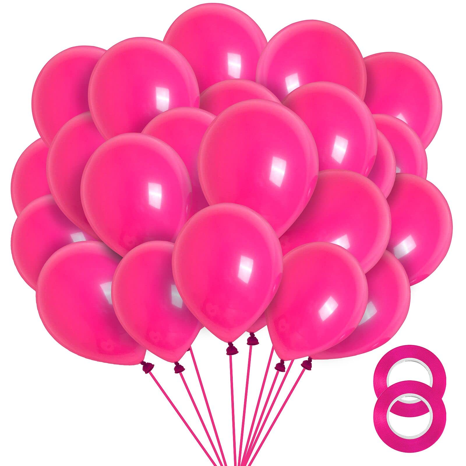 FOTIOMRG Hot Pink Balloons 12 inch, 100 Pack Hot Pink Latex Balloons Helium Quality for Valentines Birthday Wedding Bridal Shower Baby Shower Party Decorations (with Pink Ribbon)