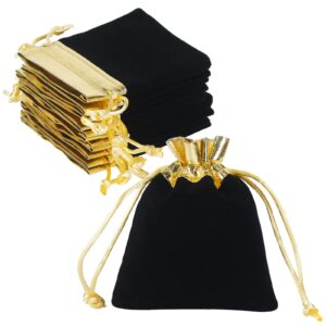 hrx package velvet jewelry bags 3x4 inch, 20pcs black gold cloth drawstring pouches for small gift