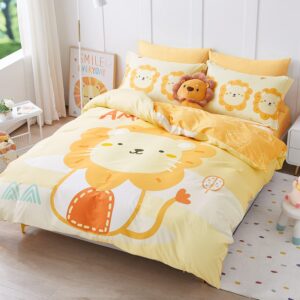 SAPHREAS Lion Kids Duvet Cover Set Twin Size 4pcs with Fitted Sheet Yellow Cute Animal Cartoon Pattern Comforter Cover Set 100% Cotton Quilt Cover 1pc Fitted Sheet 1pc Pillow Shams 2pcs(No Comforter)