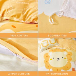 SAPHREAS Lion Kids Duvet Cover Set Twin Size 4pcs with Fitted Sheet Yellow Cute Animal Cartoon Pattern Comforter Cover Set 100% Cotton Quilt Cover 1pc Fitted Sheet 1pc Pillow Shams 2pcs(No Comforter)