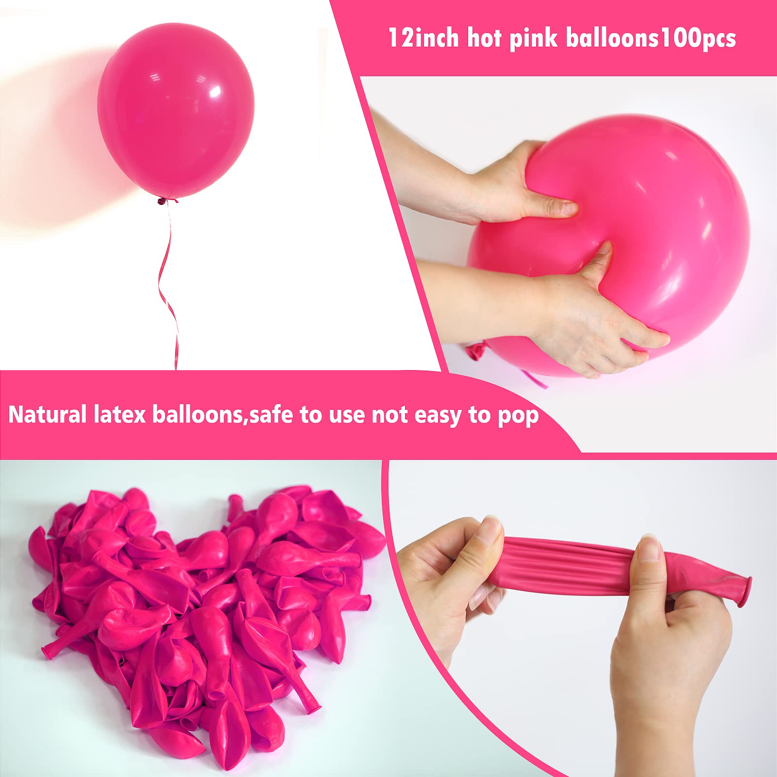 FOTIOMRG Hot Pink Balloons 12 inch, 100 Pack Hot Pink Latex Balloons Helium Quality for Valentines Birthday Wedding Bridal Shower Baby Shower Party Decorations (with Pink Ribbon)