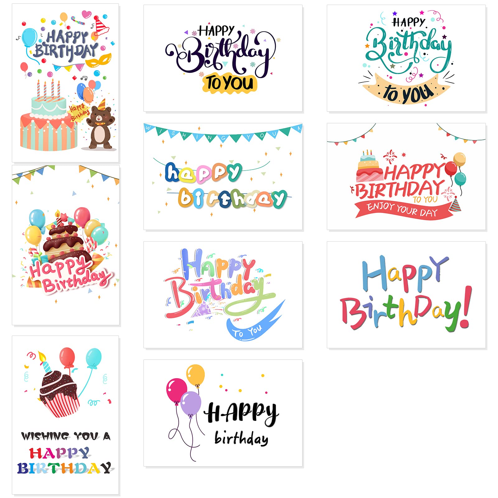 100 Pack Happy Birthday Cards - Bulk Set Includes 10 Unique Designs, 4 x 6 Inches for Kids & Adul