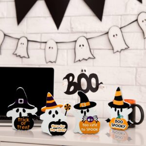 4 Pieces Halloween Ghost Decor Wooden Ghost Theme Table Centerpieces Cute Ghost Decor Trick or Treat Candy Sign Blocks for Home Shelf Party